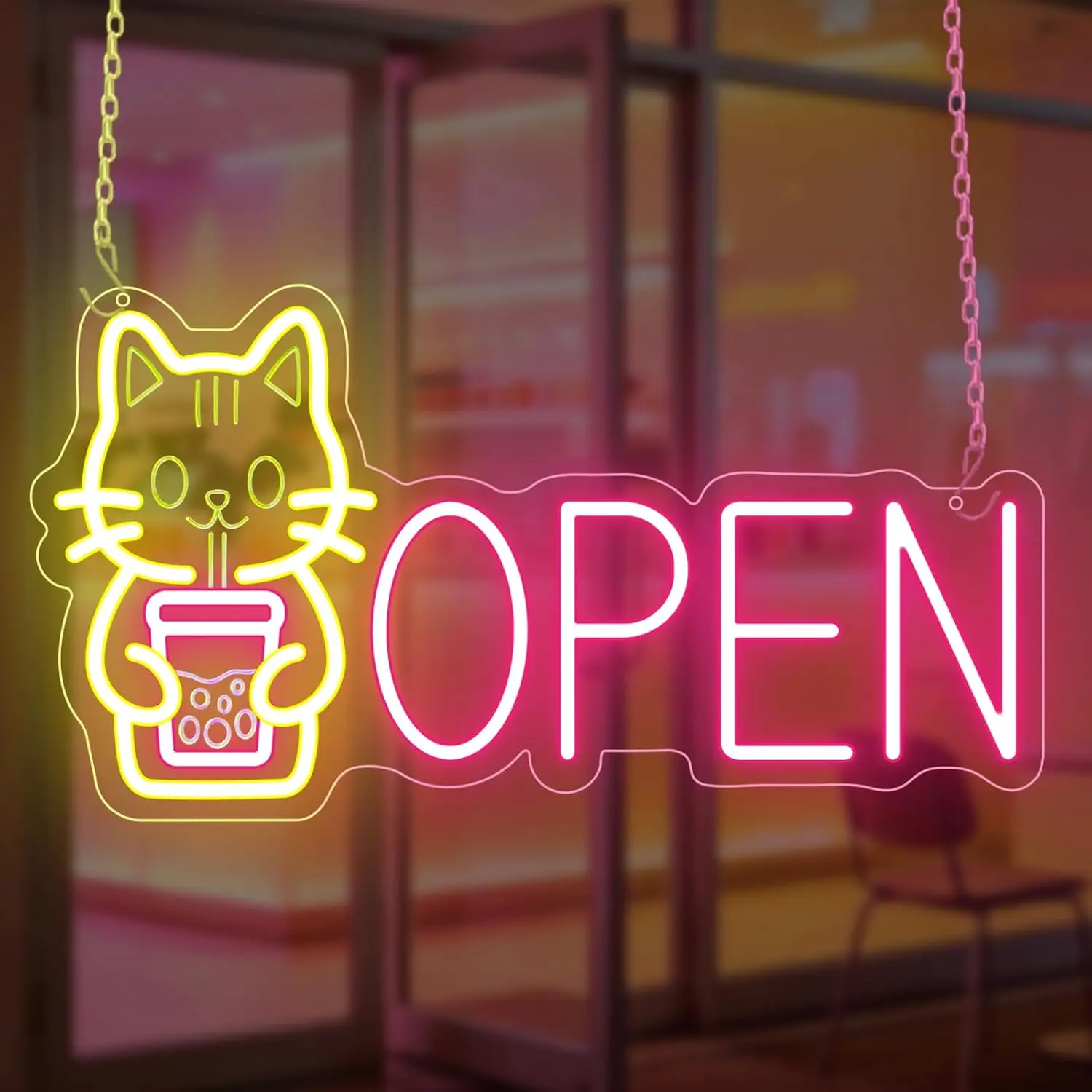 LED Neon Sign Cat Boba Tea Open Neon Light for Cafe Bubble Tea Shop Store Party Decor Christmas Gift Atmosphere Lamp USB Powered
