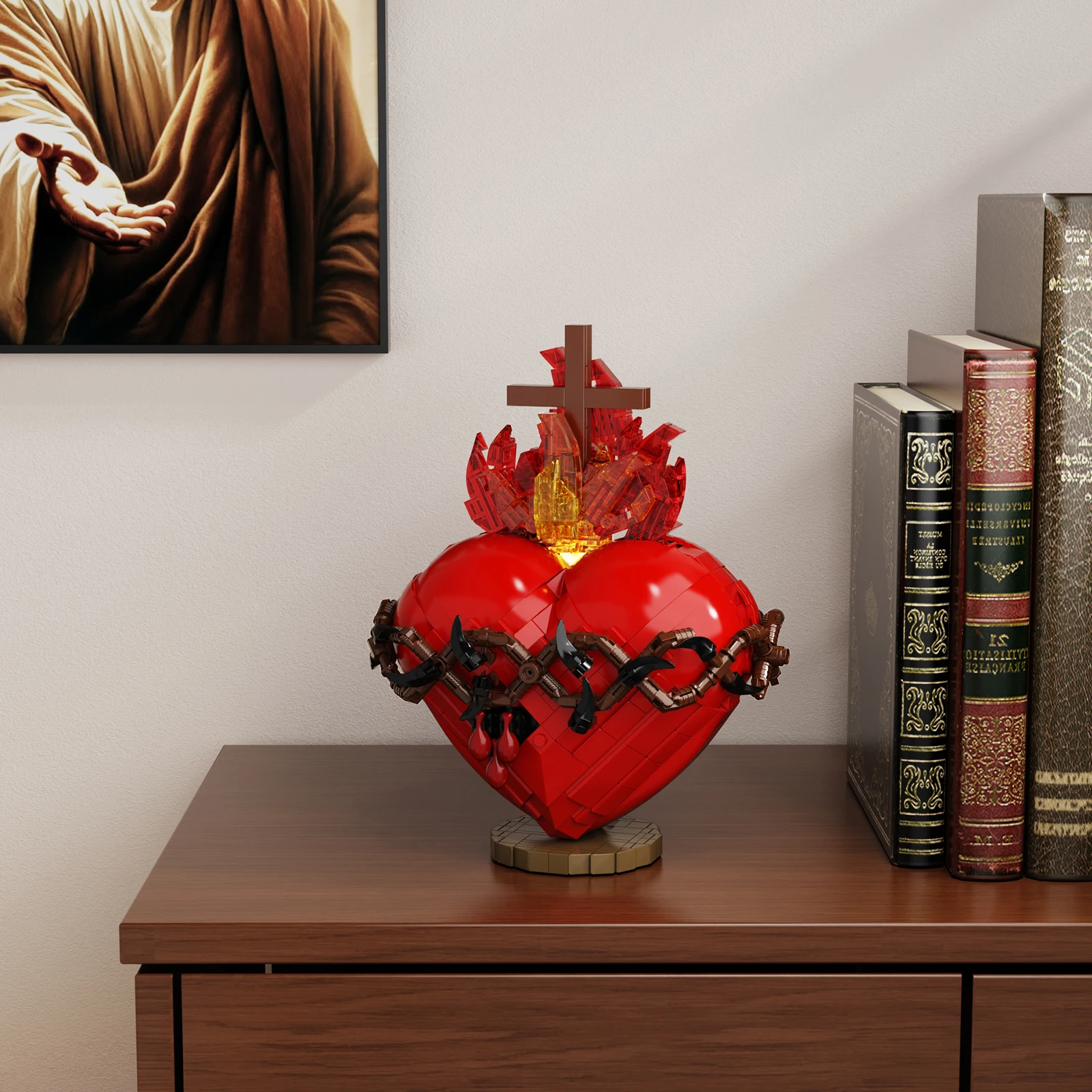 Coração sagrado de jesus blocos brinquedos jesus cristo cruz tijolos de construção kit com luz casamento decoração para casa presentes para mulher