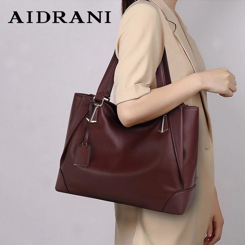 Aidrani New Soft Cowhide Women\'s Bag, Large Capacity Underarm Shoulder Bag, Wine Red