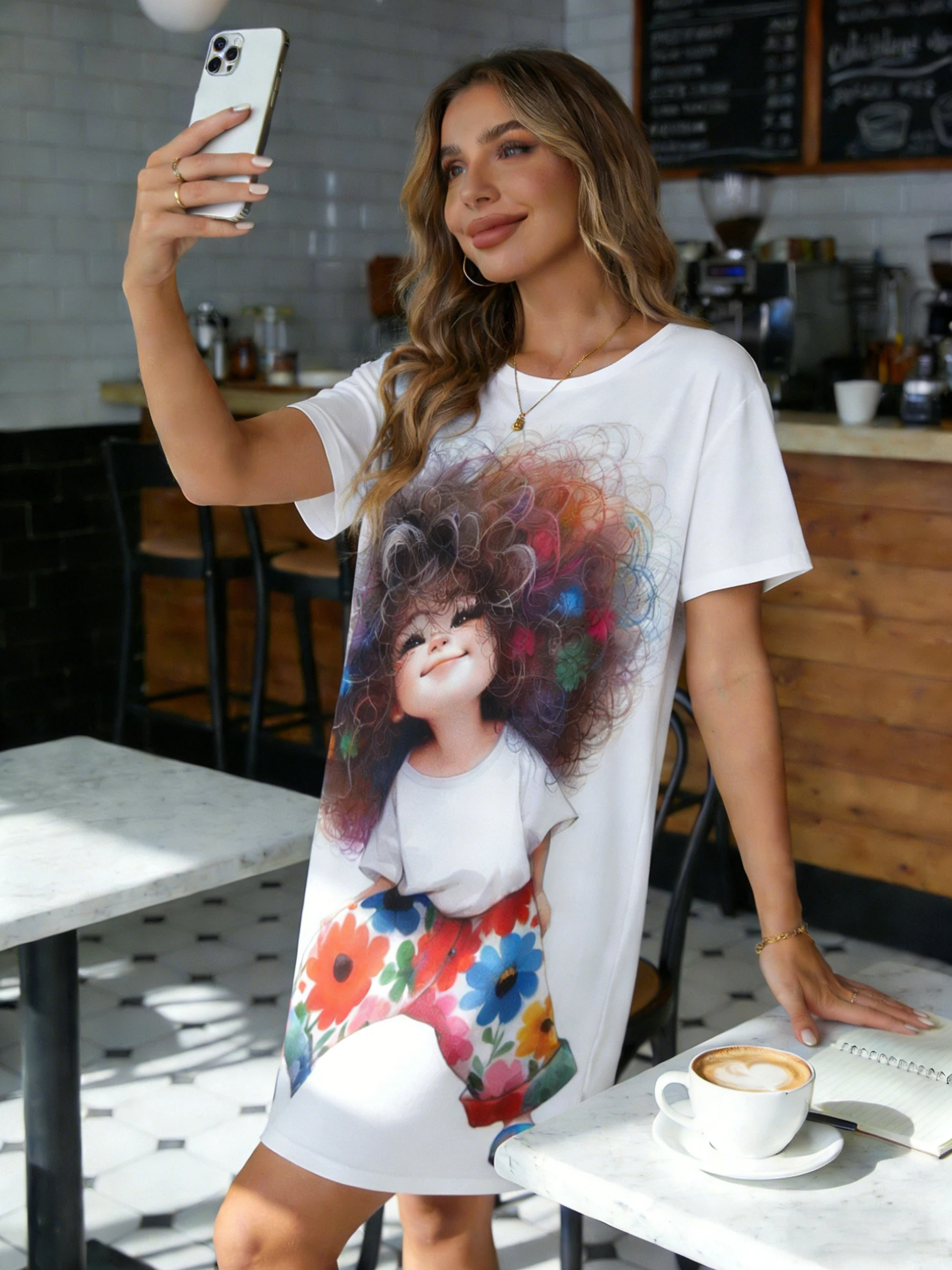 Women Nightdress Round Neck Short Sleeve Spring Summer Cute Cartoon Girl Floral Print