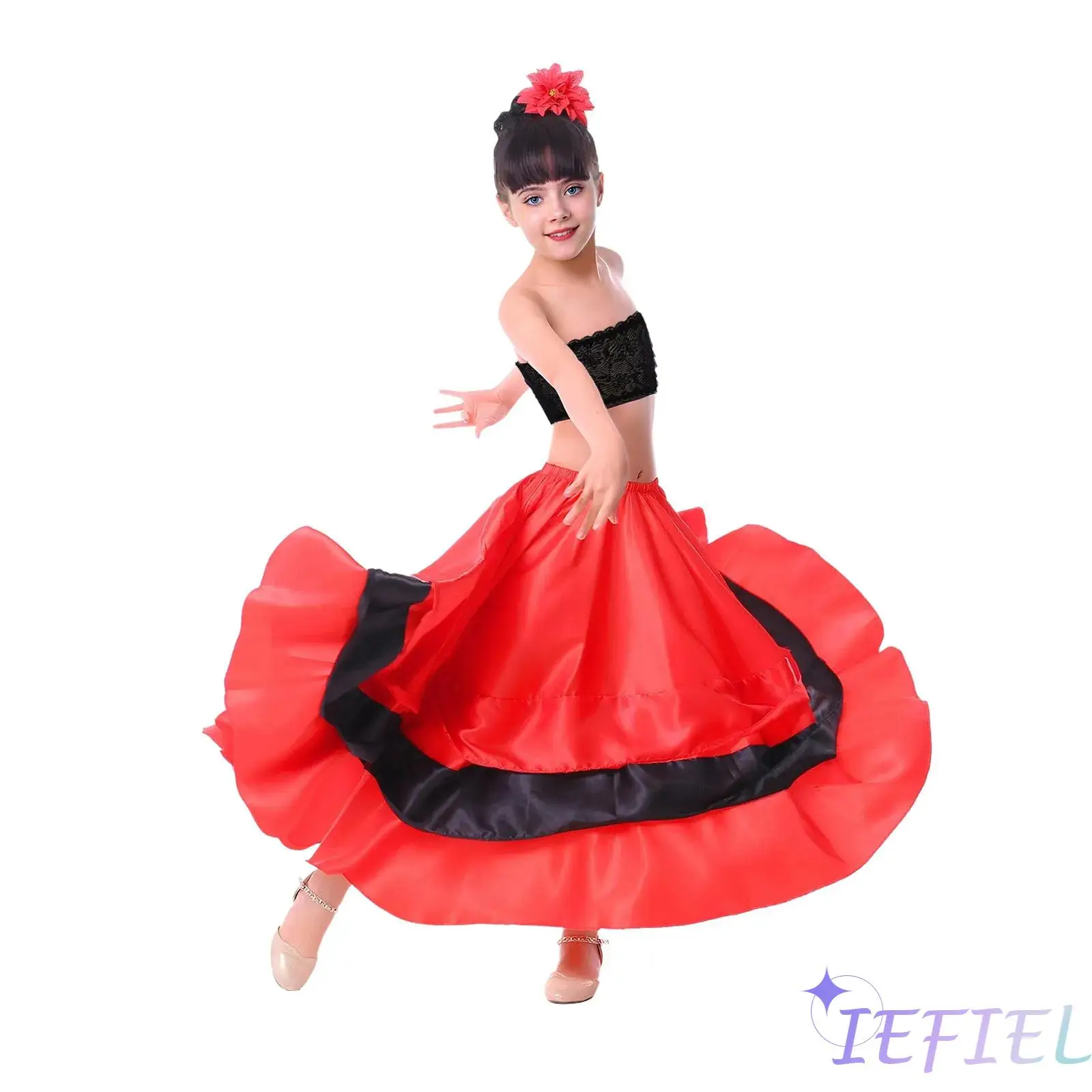 Vibrante set da ballo di flamenco per ragazze con top a tubo in pizzo e gonna con volant a strati completo con copricapo abbinato per performance