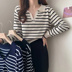 Fashion Striped T-shirt Casual Pullover Knitwear Women Spring and Autumn Underwear Korea Style Popular Premium Sweater Female