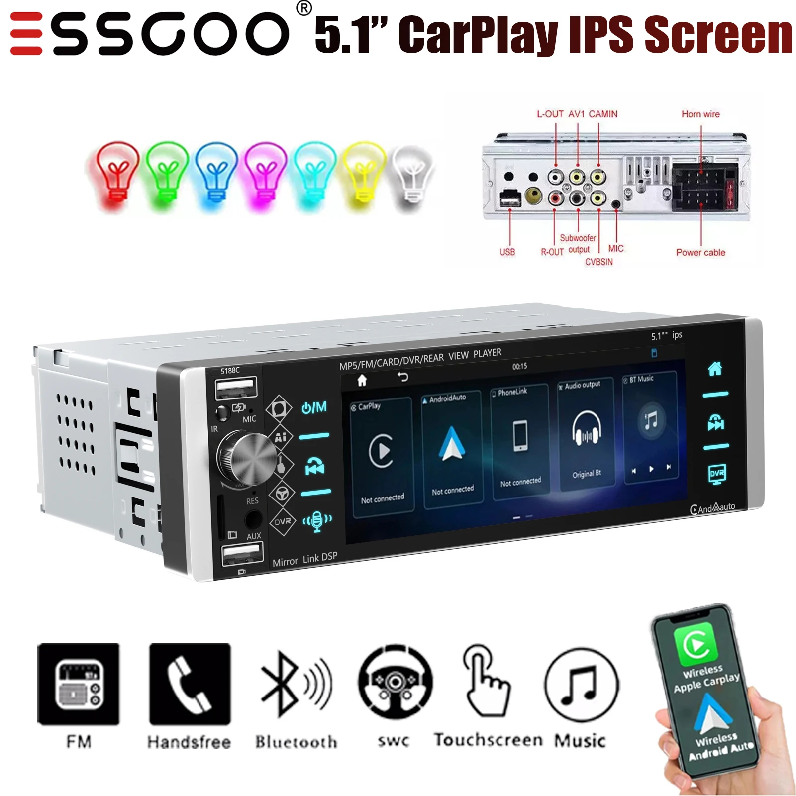 

ESSGOO 5" Single 1 DIN Apple Carplay & Android Auto Car Stereo Bluetooth IPS Touch Screen USB Charging FM Head Unit AUX-IN Radio