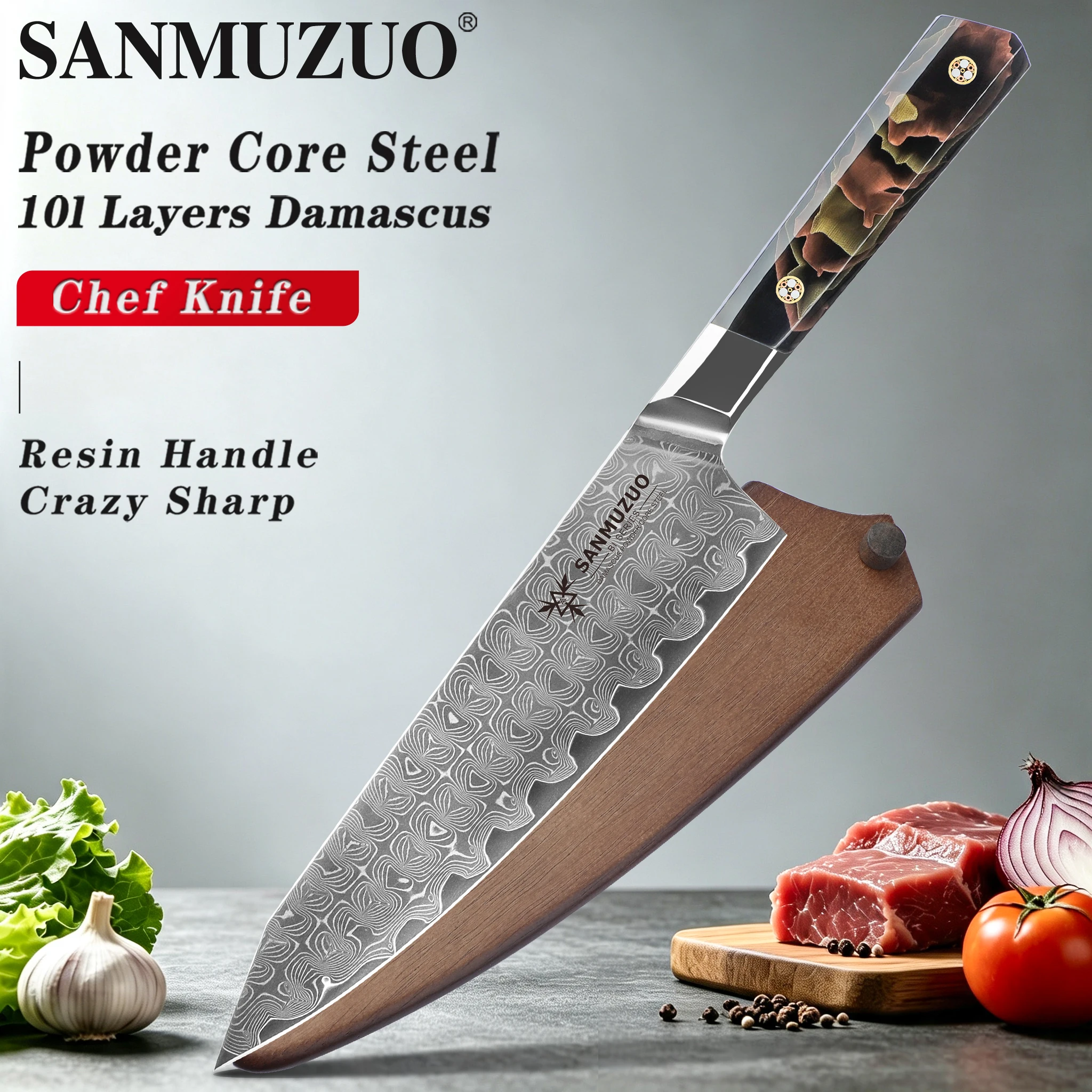 SANMUZUO BI Series 8 Inch Chef Knife - 101‑Layer Damascus Powder Steel Kitchen Knife with Resin Handle - Ultra Sharp Cooking Knife for Chef Gift