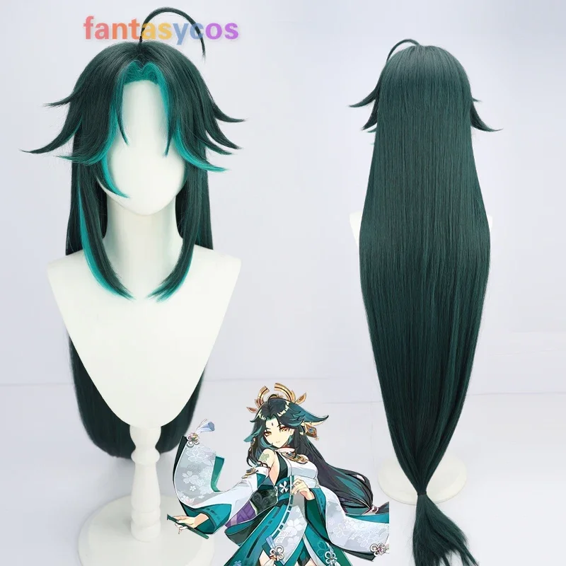 

Game Genshin Impact Xiao Cosplay Wig Long Mixed Dark Green Blue 120cm Long Straight Wigs Hair Halloween Role Play + Wig Cap