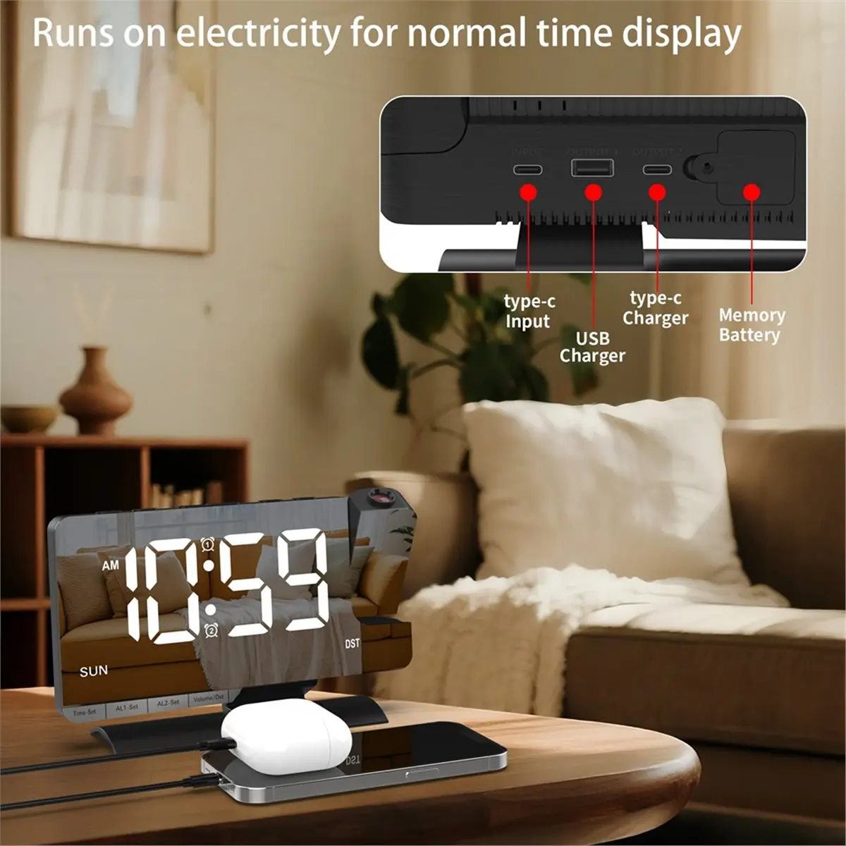

A32I Projection Digital Clock,Alarm Clock Bedside,7.3'' LED Mirror with Date Display,Dual Alarm,DST,Snooze Function Black