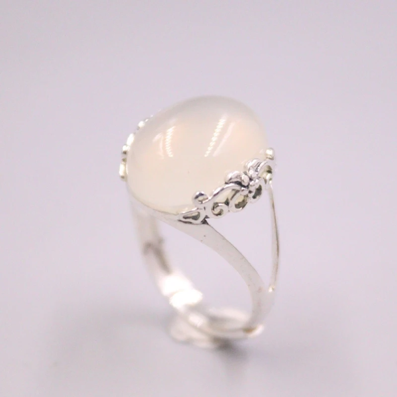 Real Solid 925 Sterling Silver White Chalcedony Men Women Lucky Pattern Ring