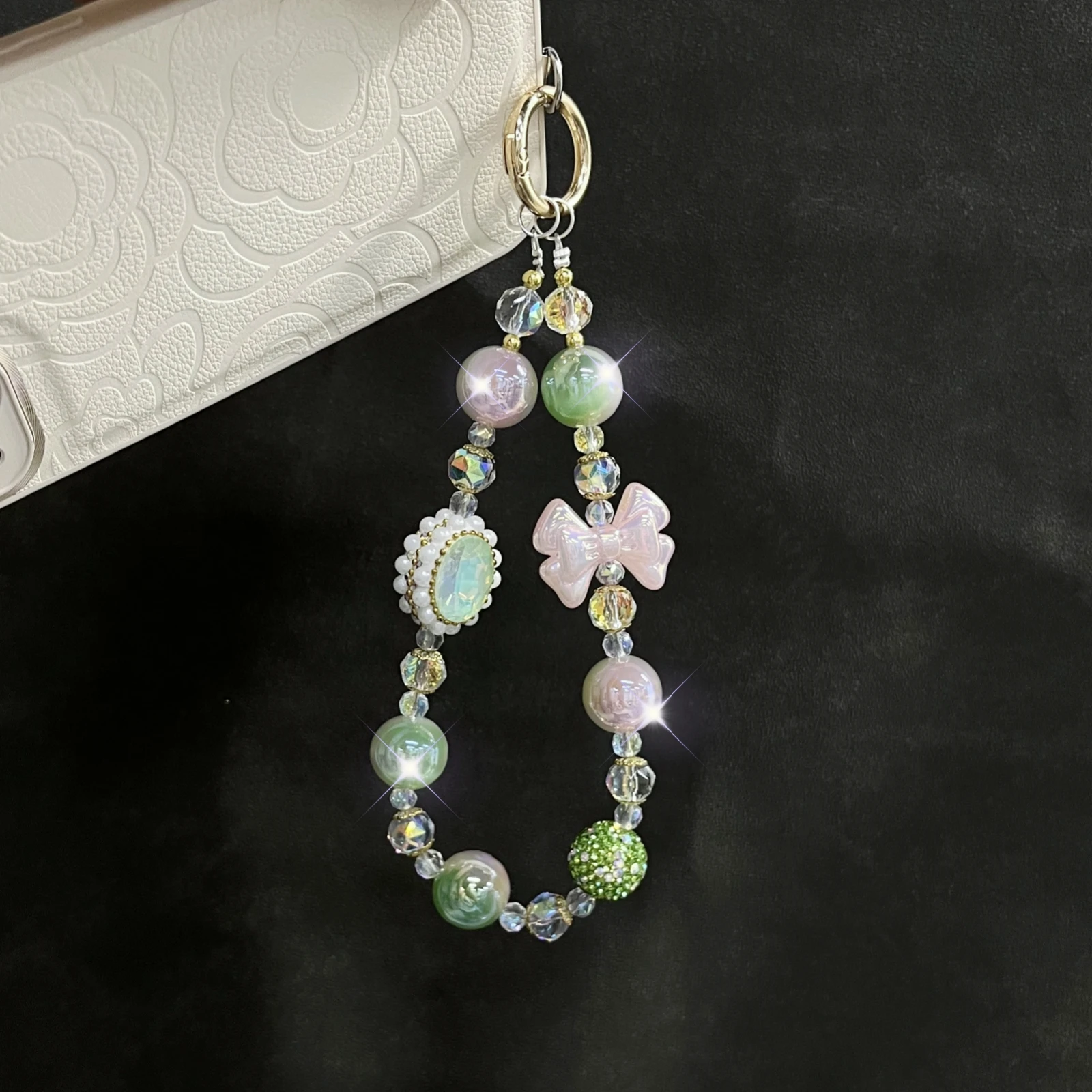 Pink green gradient round beads with pearl pigeon luxury mobile phone chain fashion mobile accessories high -end ornaments