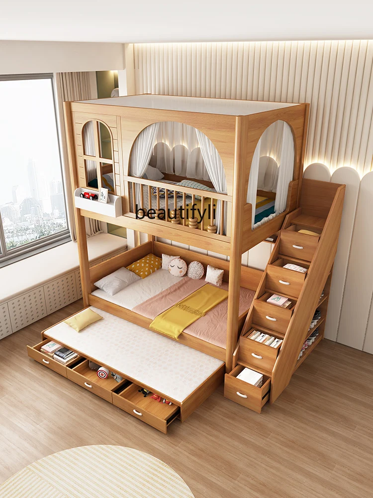 Bunk bed for two children in small apartment with same width and high and low beds, high box beds for boys and girls