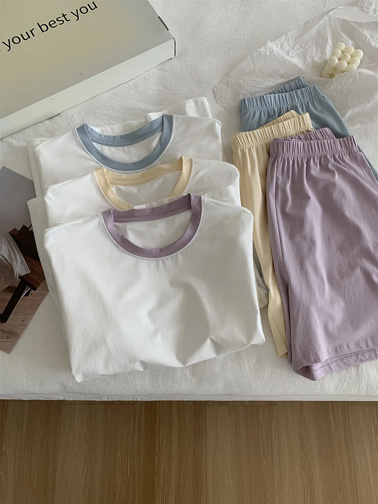 

Women Cotton Short-sleeve Pajamas Set,summer Color Block Tops Elastic Waist Shorts Casual Homewear