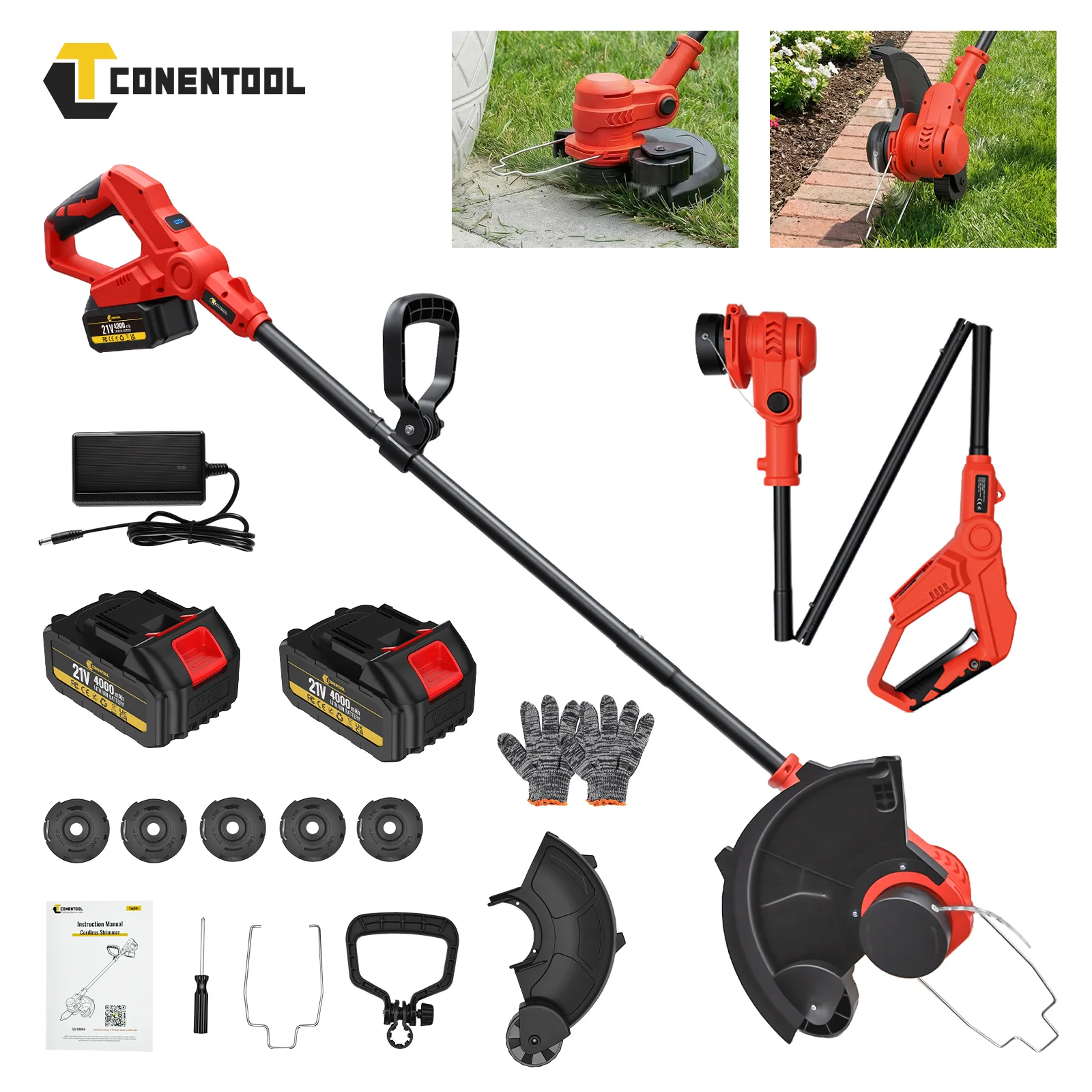 Tondeuse à gazon électrique sans fil CONENTOOL 21V, coupe-herbe 12 pouces 2000W avec tête de coupe sans lame 90° °   Tête réglable