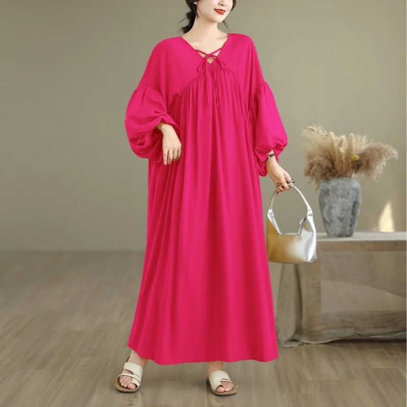 ชุดเดรสทรงเอ ผ้าชีฟองเนื้อนุ่ม สีพื้น ยาวคลุมเข่า ทรงหลวม สไตล์ลำลอง เหมาะสำหรับใส่ไปทำงาน  ผ้าใยทองแดงผสมแอมโมเนีย ทรงกลม  รุ่น Ne A-Line Dr