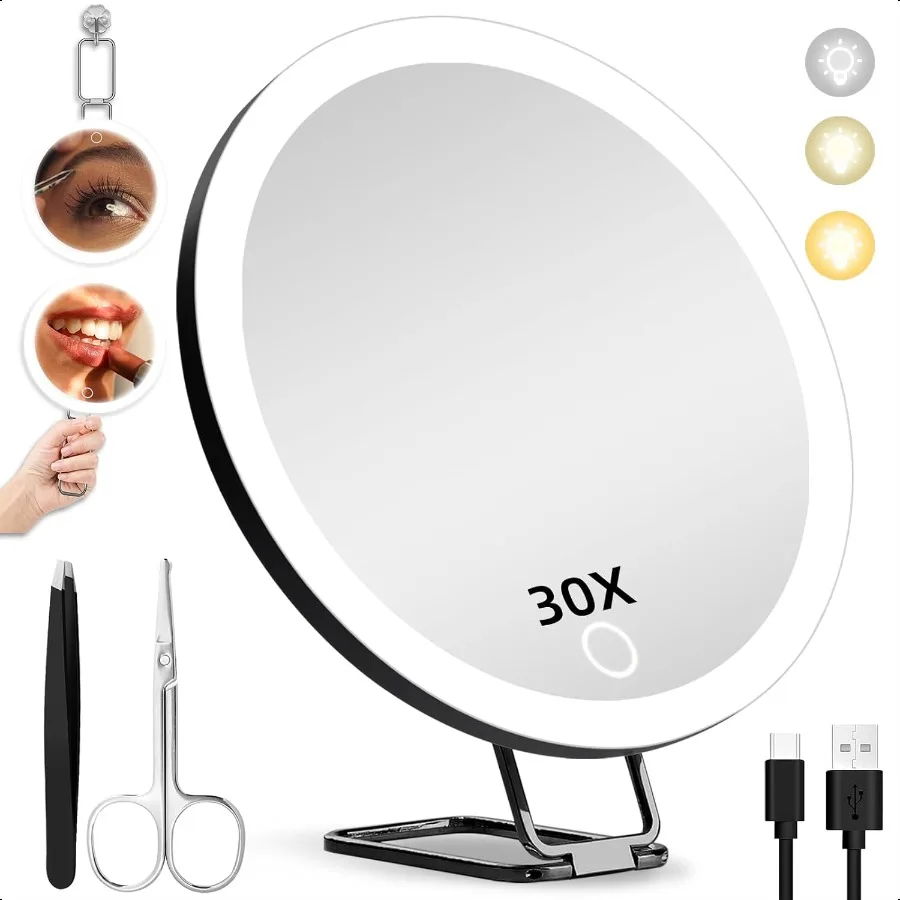 

30X Magnifying Mirror with Light Large 6'' Magnifying Makeup Mirror with Light 30x Travel Mirror with 30X High Magnification Co