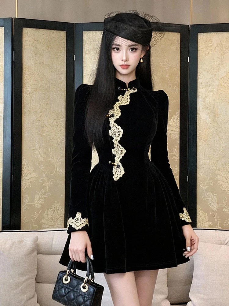 

Элегантное женское мини-платье в китайском стиле, ретро, черное, бархатное, с завышенной талией, облегающее, для вечеринок, выпускных, повседневное, осенне-зимнее, модное