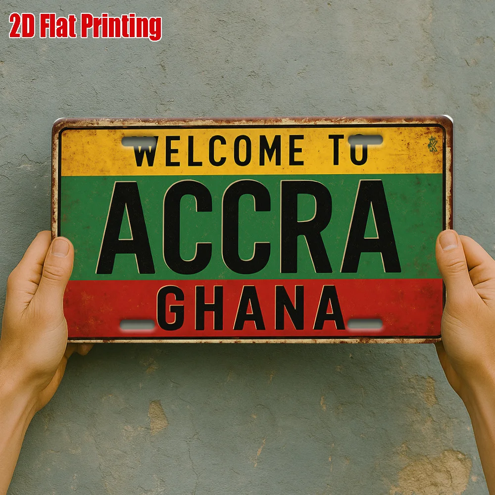 2D Flat, 1pc Welcome to Accra Aluminum Sign| 2D Flat Print, Aluminum, Decorative Use Only, Outdoor Wall Art,Ghana City Scene