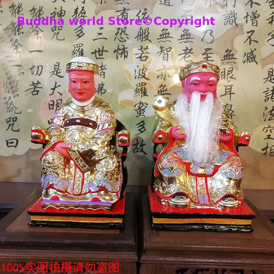 A pair Asia HOME Temple altar Worship CAI SHEN TU DI GONG PO God Wood carving statue Bring wealth money good luck Bless safe