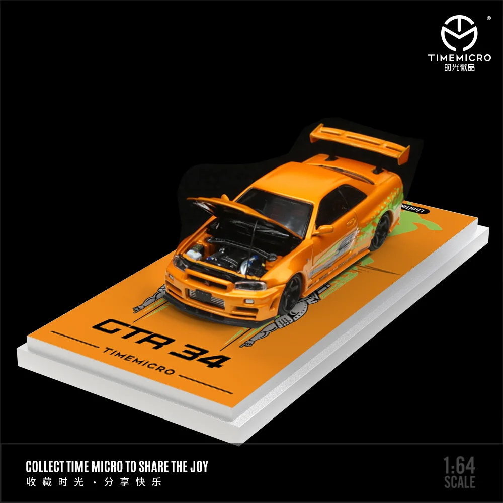 TIME MICRO 1:64 GTR34 Red and yellow Car Open Cover Model Car for Collection & Display & Gift