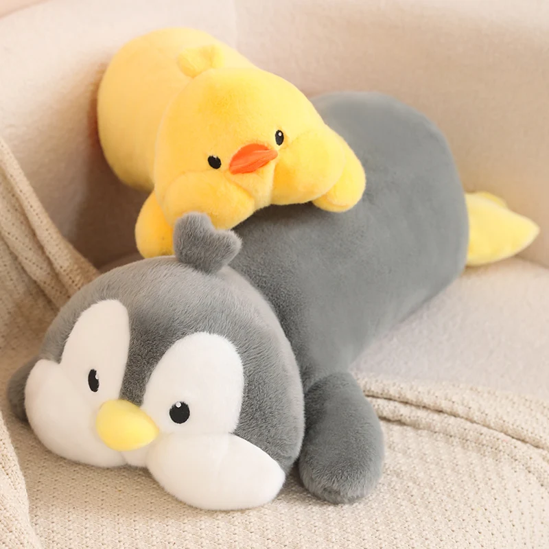 Juguete de Peluche de pingüino tumbado de gran tamaño, Animal relleno suave, pato amarillo, cojín para sofá, Peluche Kawaii, decoración de habitación, regalo de cumpleaños