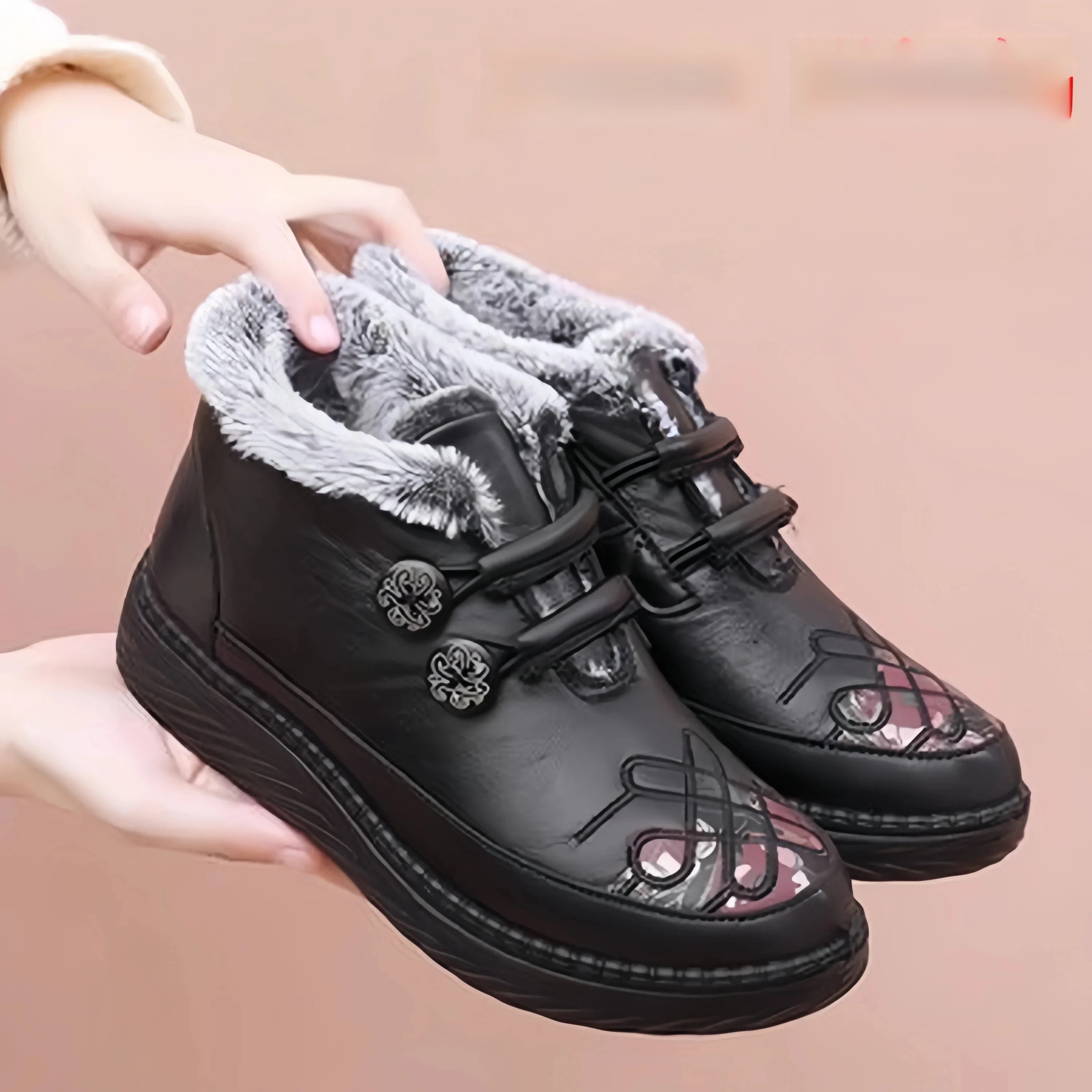 

Thickened Fleece Cotton Shoes for Women Soft Bottom Winter Boots Anti-Slip Mom Shoes Elderly Warm Casual round Toe Low Heel