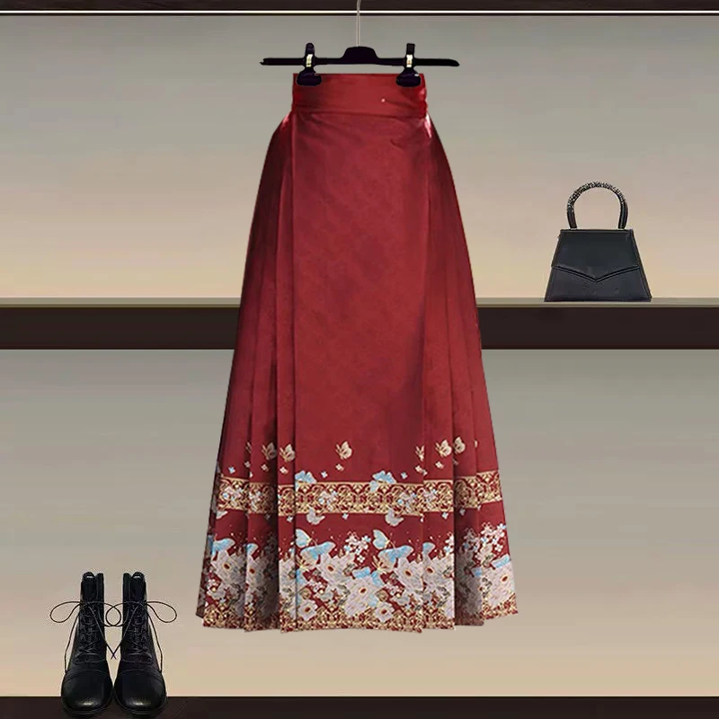 Falda Hanfu Roja de Año Nuevo para Mujer, Primavera-Otoño 2026, Nueva Falda Ma Face de Alta Gama, Versátil y Mejorada