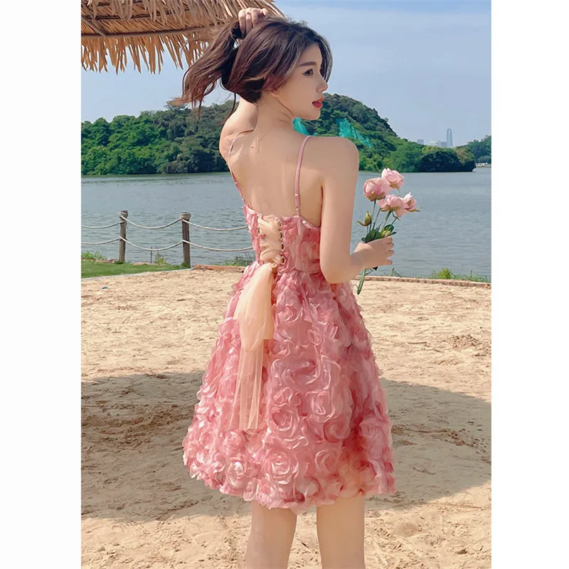 Dreidimensionale Rose Floral Party Kleid Frauen Sexy Liebsten Krawatte Bogen Mesh Spaghetti Strap Kleid Weibliche Spitze Kurze Mini Vestidos