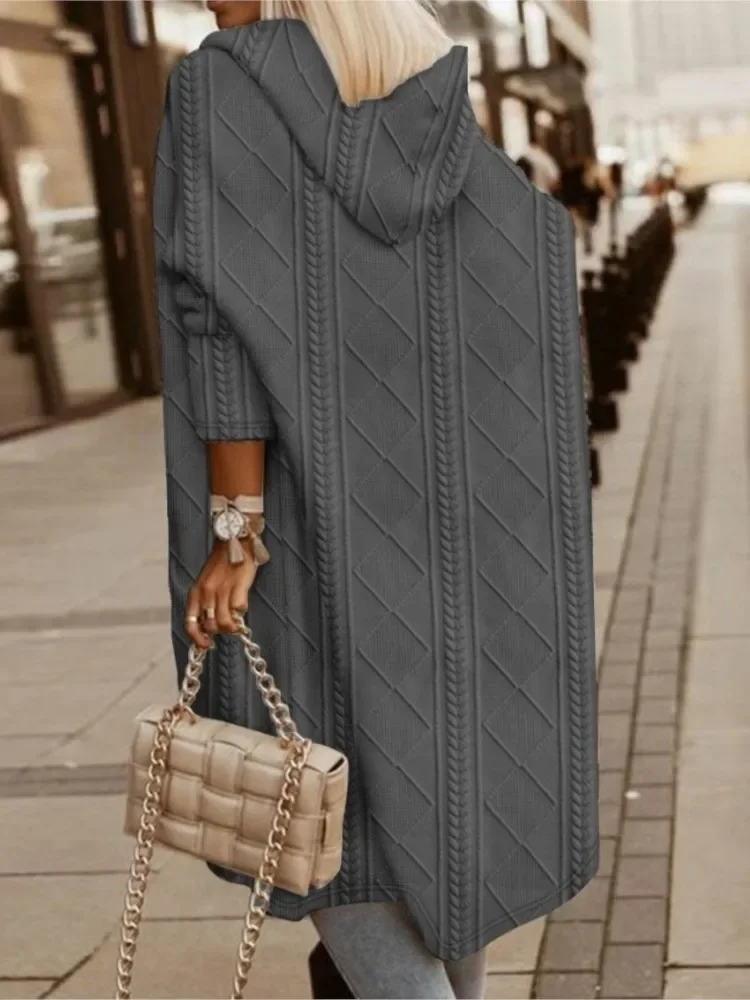Nice Autumn Winter Women Long Hooded Jacket Fashion Long Sleeve Sweater Cardigan Loose Jacquard Hooded Knited Jacket Casual Coat