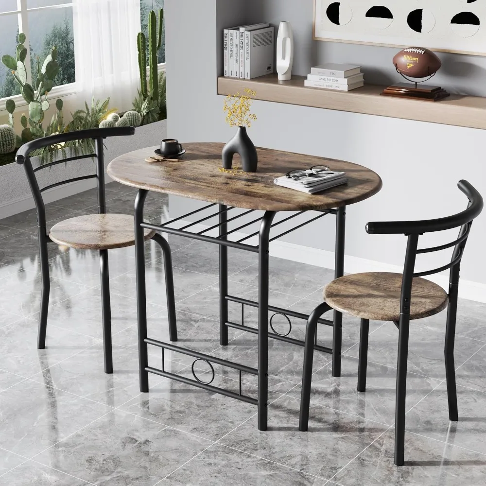 

3-Piece Wooden Round Table & Chair Set, Space Saving Kitchen Breakfast Nook Wood Grain Tabletop with Metal Frame, Customized