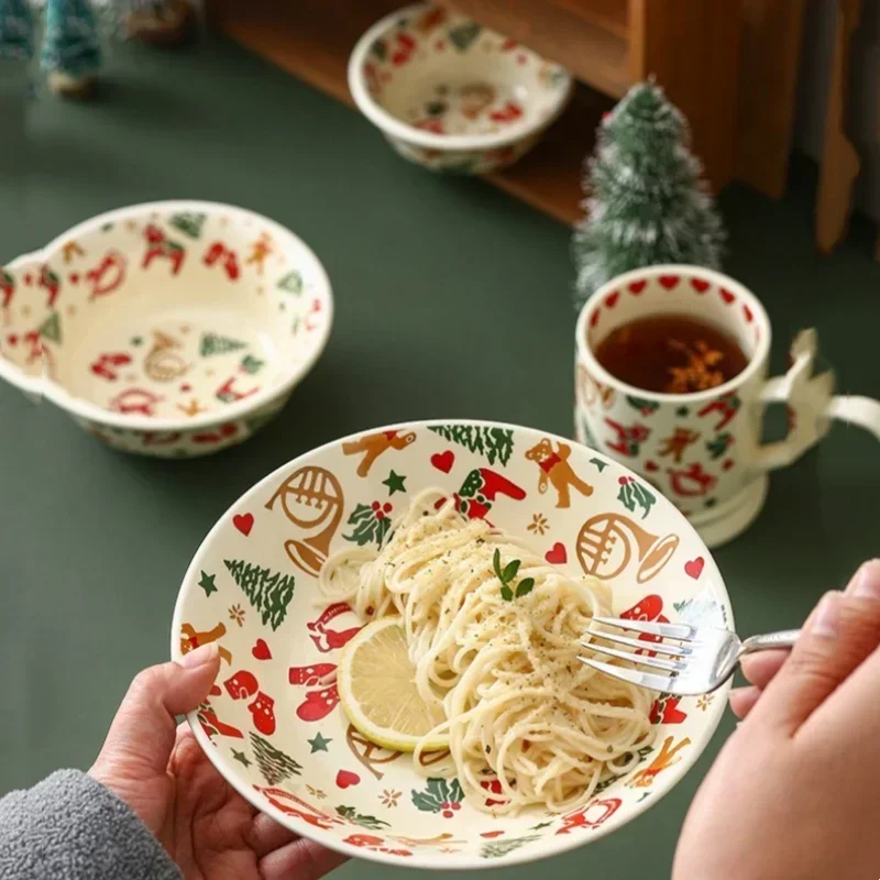 Christmas Ceramic Tableware Retro Bowls Plates Water Cup Breakfast Dessert Noodle Bowls Coffee Milk Cup Microwaveable Xmas Gift - view 3
