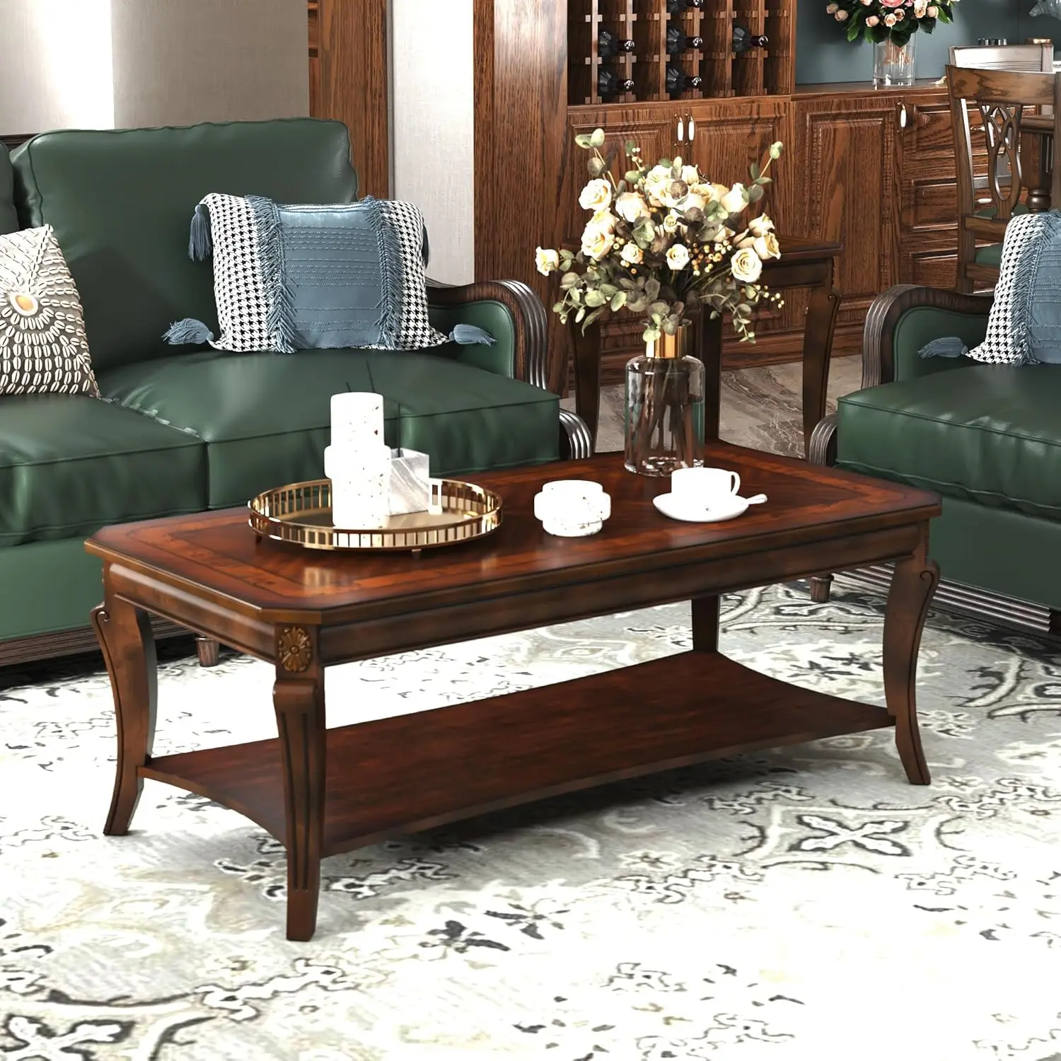 

Traditional Coffee Table With Storage Shelf And Carved Leg, Farmhouse Living Room Tables, Solid Wood Rectangle Cocktail Center T