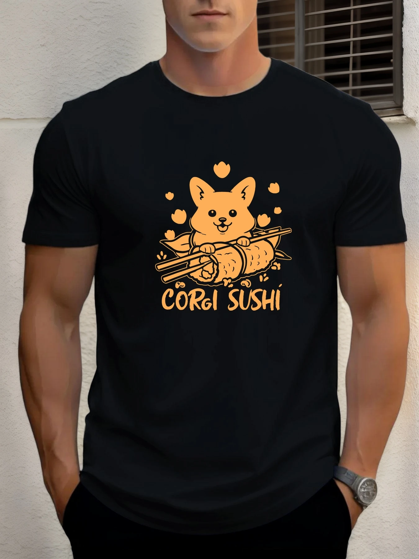 

T Shirt For Men's Corgi Sushi 100% Cotton Graphic Print Summer Round Neck Tee Casual Breathable Streetstyle Daily Cool T Shirt
