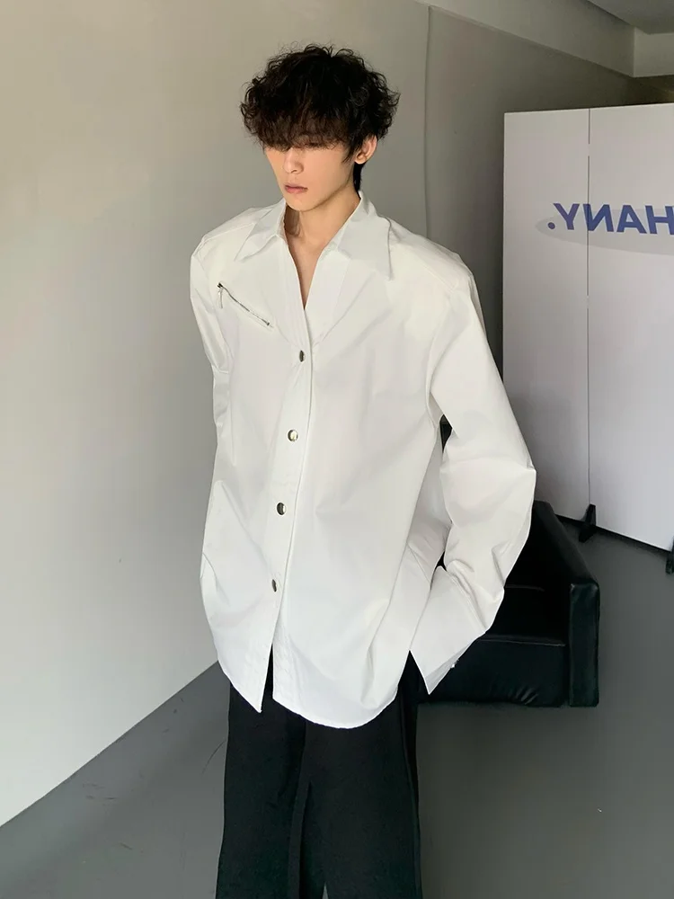 

White Long Sve irt Men's Autumn Zipper Design oulder Pad Hairst Jaet Loose Fit American Sle Antibacterial