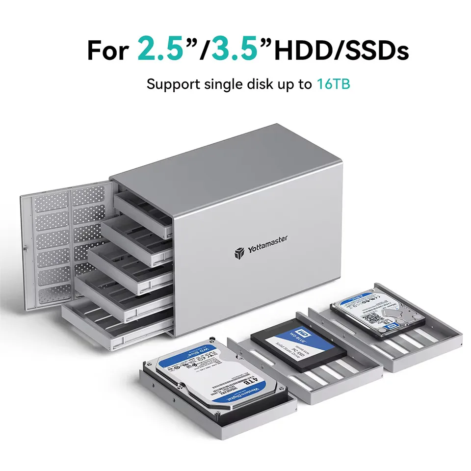 حاوية محرك الأقراص الصلبة الخارجية Yottamaster 5 Bay RAID من الألومنيوم لـ 2.5 بوصة 3.5 بوصة SATA HDD/SSD للتخزين المباشر المرفق لنسخ البيانات