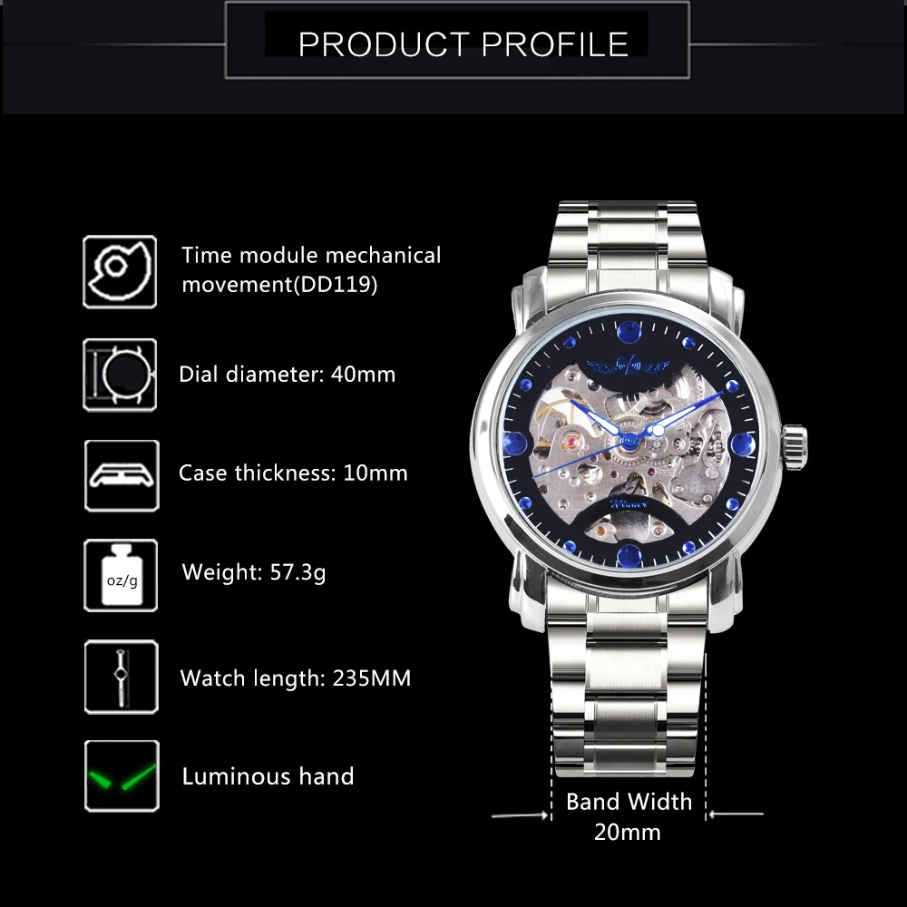 Fashion Winner Top Brand Blue Ocean Casual Designer Stainless Steel Skeleton Watch Men Mens Watches Luxury Automatic Clock Gift