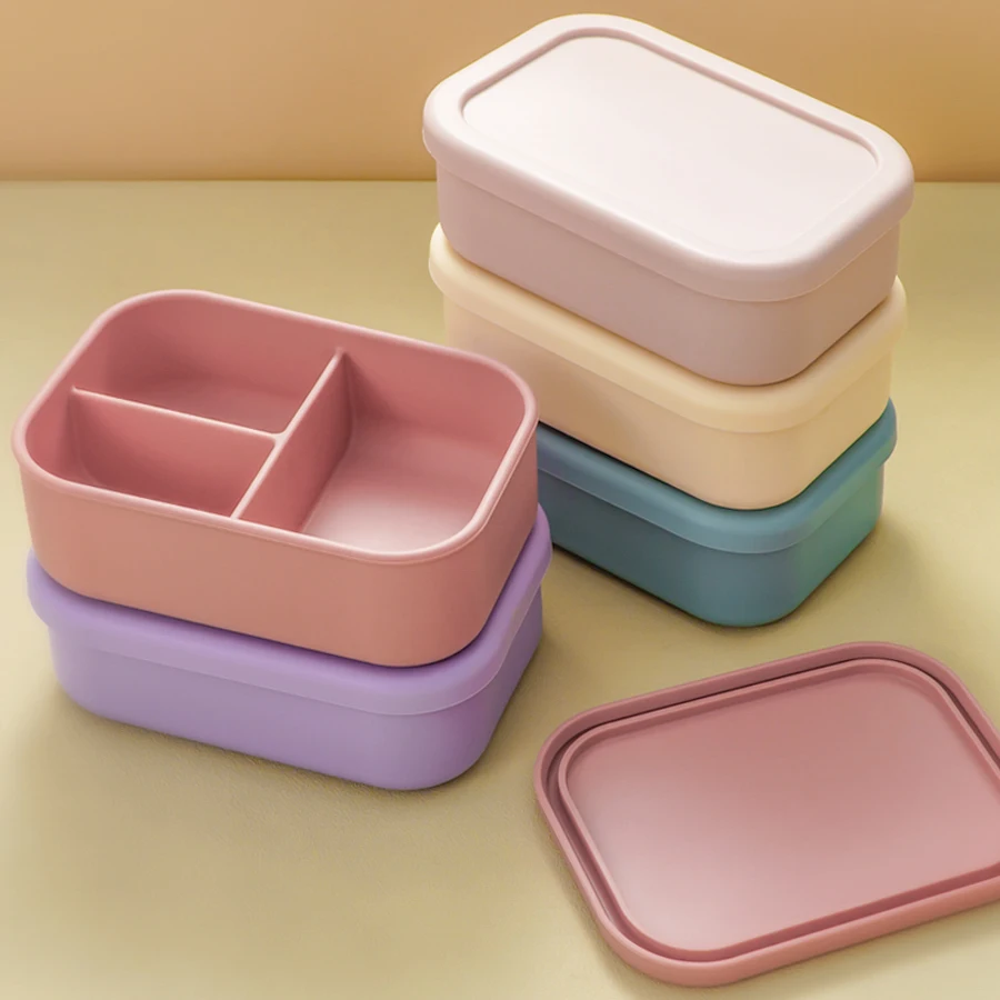 

1PCS Baby Silicone Food Storage Box Solid Color Baby Tableware Three-compartment Dinner Plate Children Portable Lunch Box
