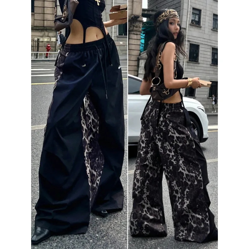 Leopard Print Patchwork Wide Leg Pants, Women's Y2K Streetwear Edgy Trousers, Casual Loose Fit Cargo Pants with Black Side Panel