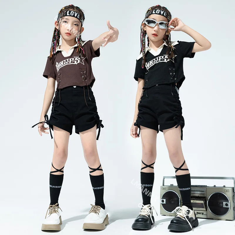 Kid Kpop Hip Hop Clothing Brown Lapel V Neck Crop Top T Shirt Black Summer Side Tie Shorts for Girl Jazz Dance Costumes Clothes