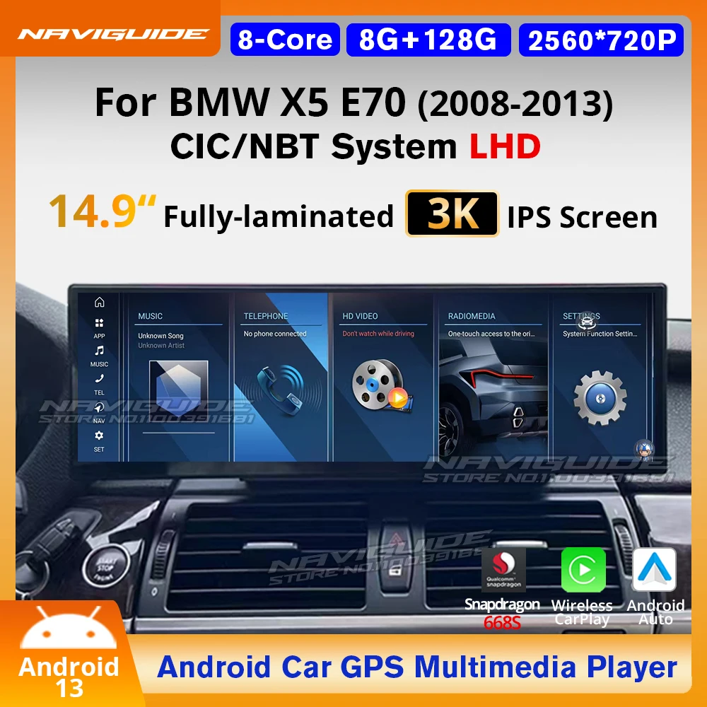 NAVIGUIDE 14.9 Inch Android 13 Wireless Carplay Auto For BMW X5 E70 X6 E71 LHD 2008-2013 CCC CIC Car GPS Navi Multimedia Player