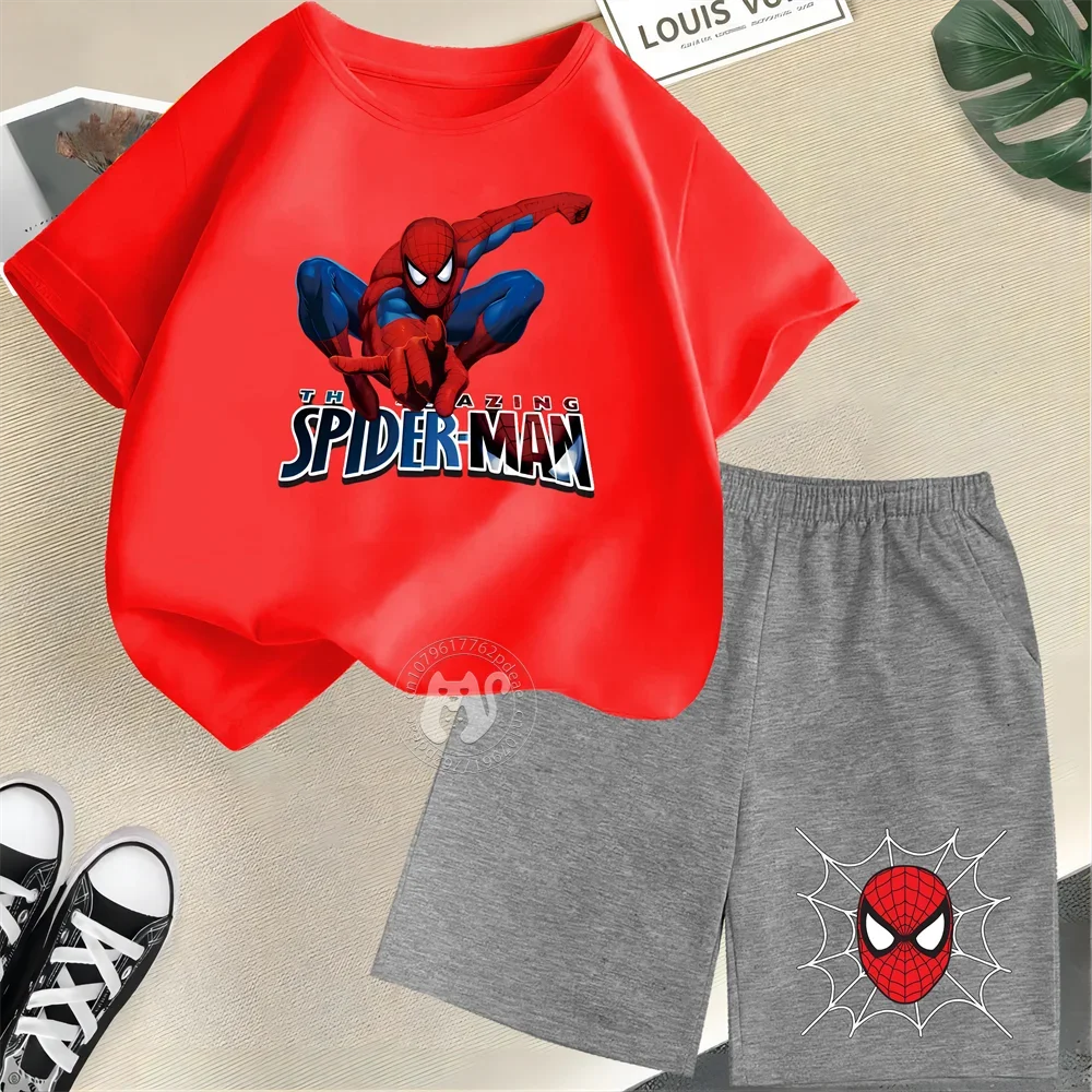 Spider Man print summer children's round neck T-shirt+shorts set suitable for casual cotton short sleeves for boys and girls age