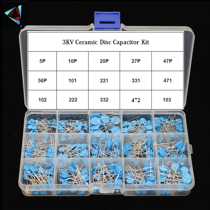 Condensador de disco de cerámica, KIT de bricolaje de 150 piezas = 15 valores * 10 piezas, 3KV, 5P, 10P, 22P, 47P, 56P, 100P, 150P, 220P, 330P,