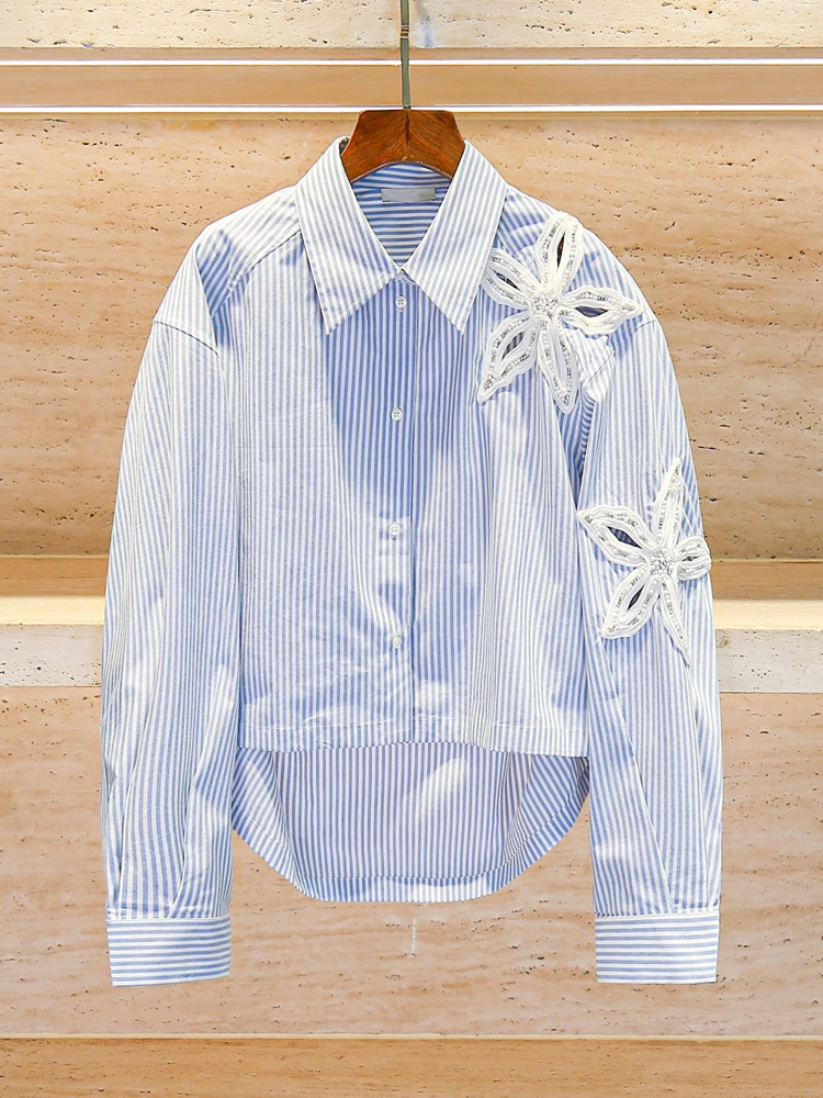 S Home Nan You High End Women's Shirt Stripe Design Beaded Top French Style Loose Fit Cotton Polyester Long Sleeve Short Length