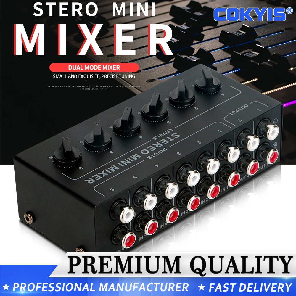 Passive Mini Stereo 6 Channel Mixer RCA Portable Audio Mixer 6 In 2 Out Stereo Distributor Volume Control No Battery Required