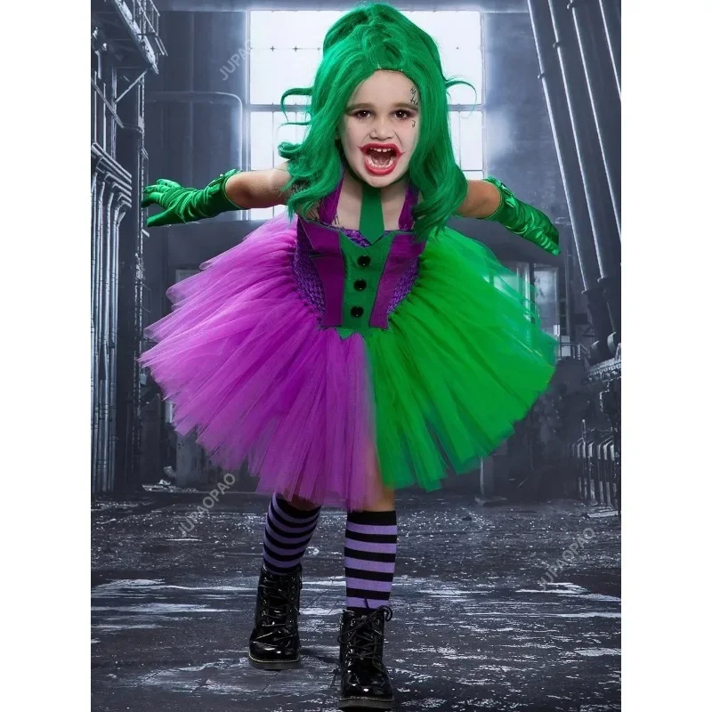 New Models Kids Girls Halloween Joker Clown Cosplay Party Costume Knit High Quality Mesh Tutu Tulle Dresses with Gloves