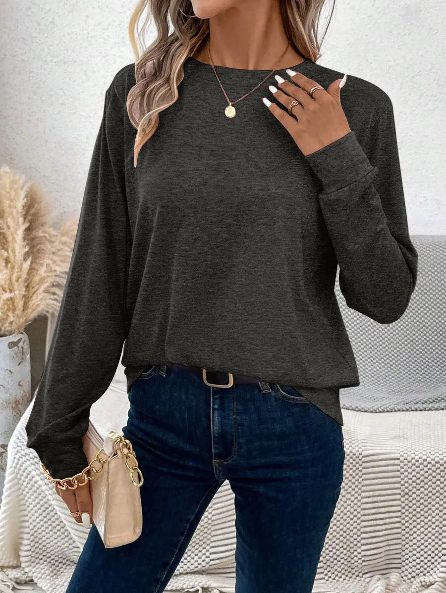 Autumn new women's long sleeve solid color T-shirt with round neck loose shirt casual pullover
