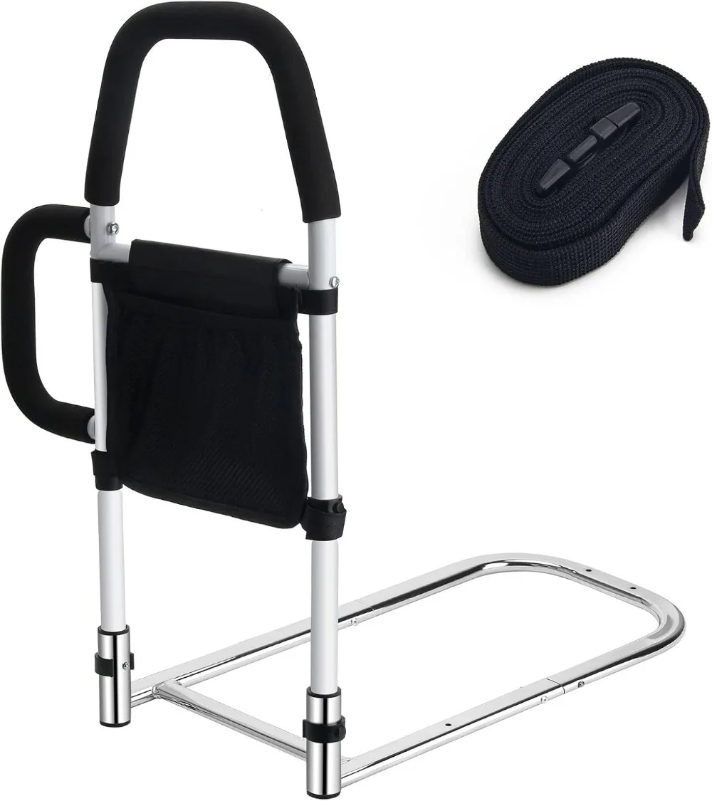 Elderly Bed Rails with Grab Bars, Storage Pocket, Fall Prevention Guard for King Queen Full Twin Beds, Supports 300lbs