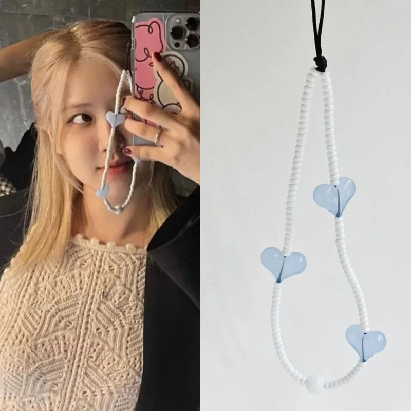 Korean Light Blue Heart Phone Charm Straps Acrylic Love Wristlet for Women Girls Cellphone Chains Lanyard 핸드폰 스트랩 Handy Kette