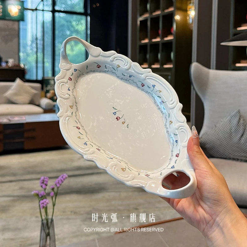 

LLMM French relief floral binaural ceramic plate dessert cold dish plate