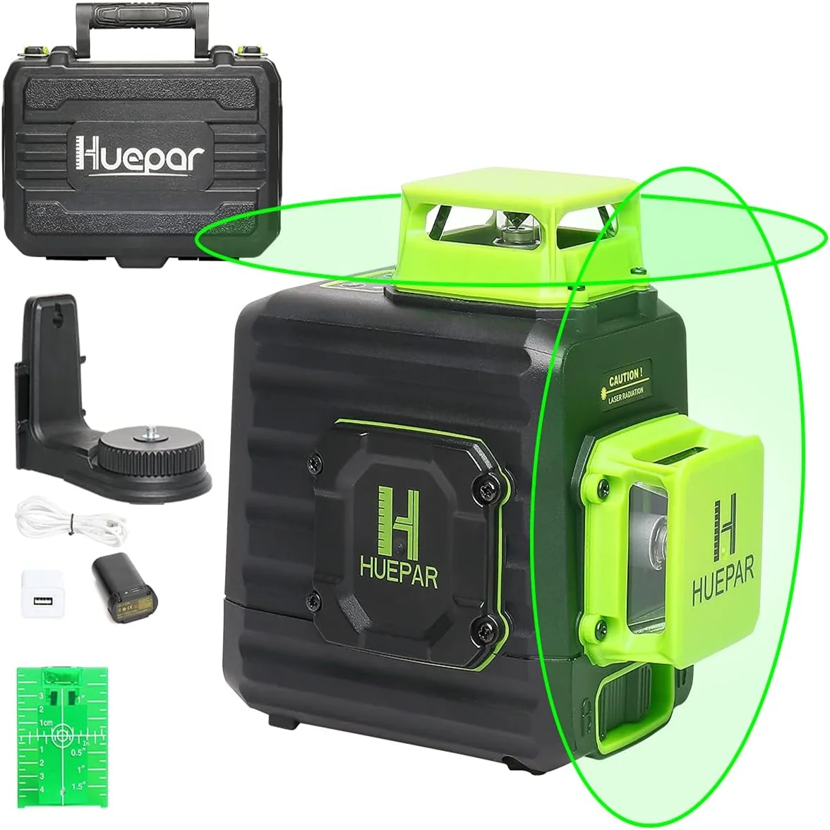 Huepar 2D 8 Lines Laser Level Cross Line Green Beam Laser Self-leveling Horizontal Vertical with Li-ion Battery Hard Carry Case