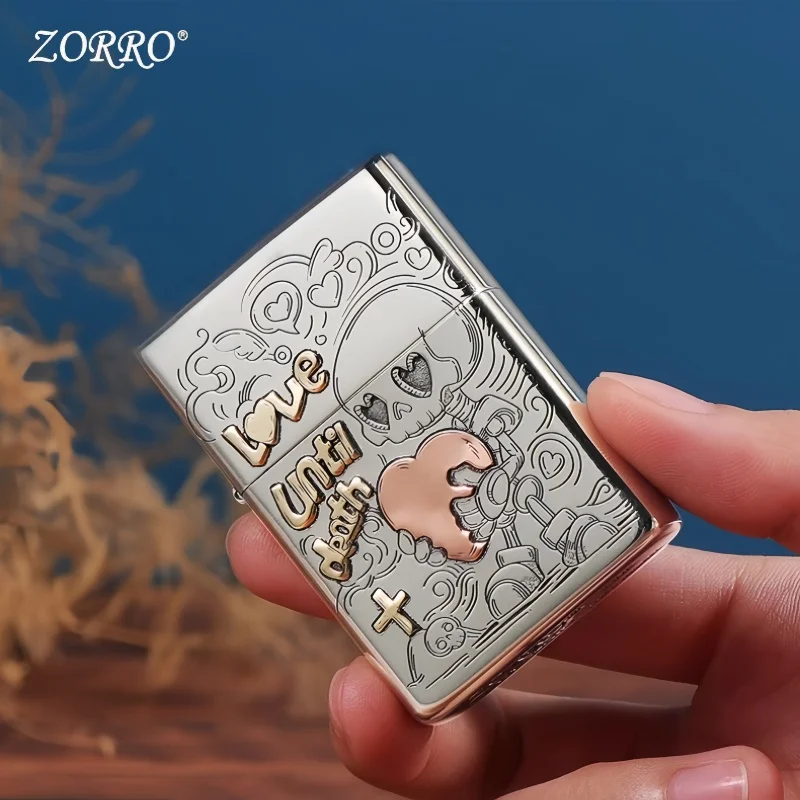 Zoro Nuova Intaglio 902 Ottone/Nichel Bianco Amore fino alla Morte Intaglio 3D Antivento Accendino Piccolo Strumento da Uomo Accessori per Fumatori