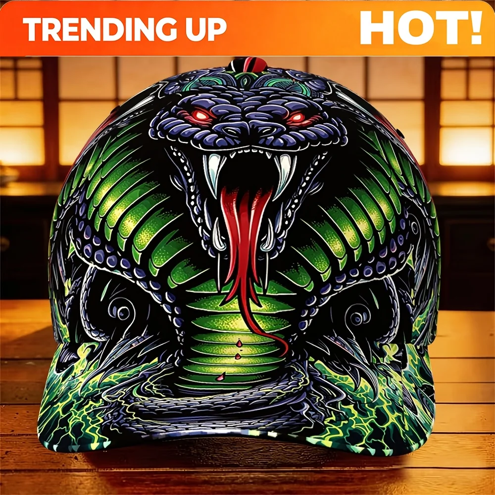 Customization Men's Cobra Snake Graphic Baseball Cap With Full Cobra Print - Retro Snapback Hat, Lightweight Suitable For Outdoo