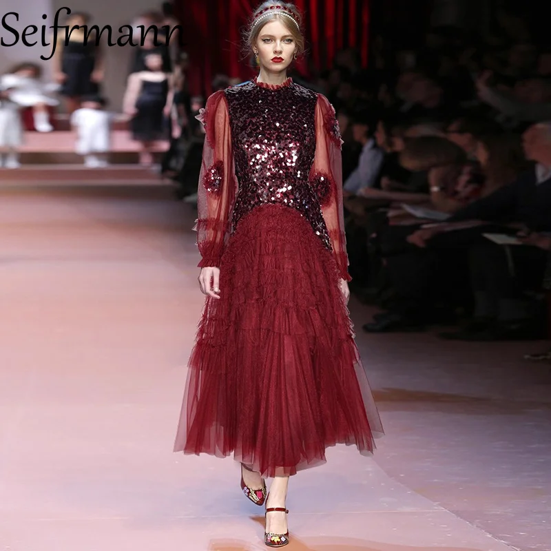Seifrmann 2026 Spring Women's New Fashionable Round Neck Long Sleeve Glitter Splicing Mesh Waist Cinching Dress - view 4
